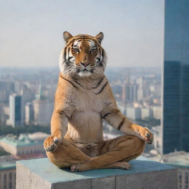 An aged, wise tiger performing yoga at the top of a skyscraper against the backdrop of the Russian government building