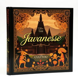 An exquisite book cover that delves into Javanese culture, featuring iconic elements such as traditional Javanese batik patterns, ornate wayang kulit shadow puppets, and a magnificent depiction of the Borobudur Temple in the background