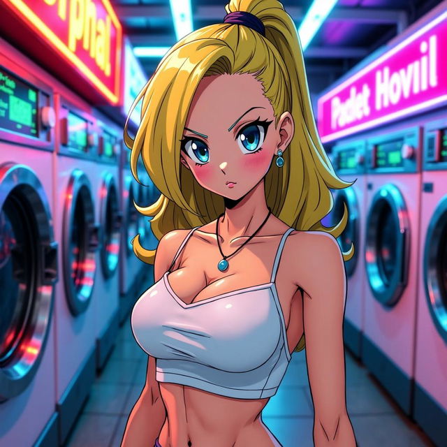 A stunning depiction of Android 18 from Dragon Ball Z, reimagined in an anime style