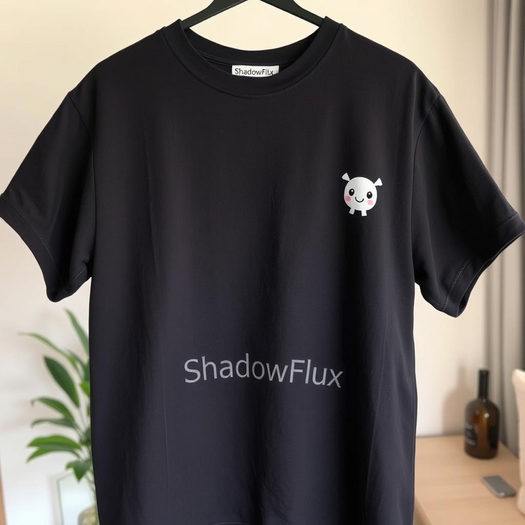 An oversized dark-colored t-shirt featuring a small graphic design of a cute animated shadow character on the right chest area