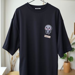 An oversized dark-colored t-shirt featuring a small graphic design of a cute animated shadow character on the right chest area