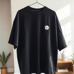 An oversized dark-colored t-shirt featuring a small graphic design of a cute animated shadow character on the right chest area