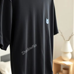 An oversized dark-colored t-shirt featuring a small graphic design of a cute animated shadow character on the right chest area