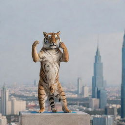 An aged, wise tiger performing yoga at the top of a skyscraper against the backdrop of the Russian government building