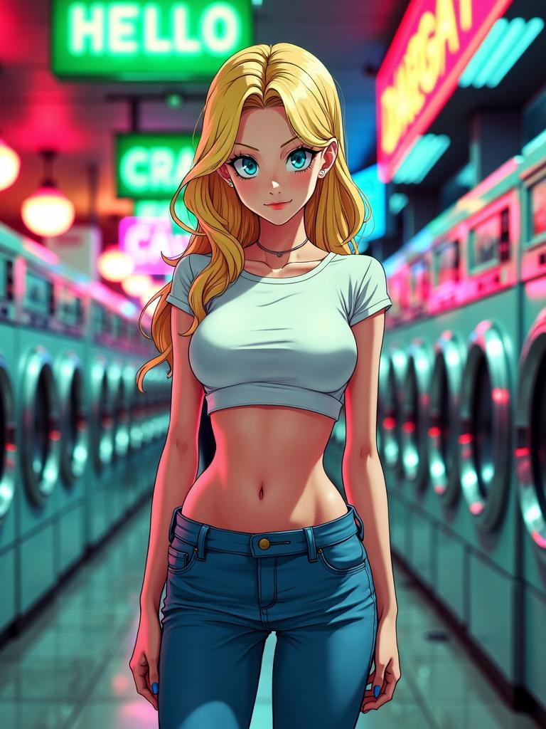 A stunning illustration of Android 18 from Dragon Ball Z, depicted in a vibrant laundromat background filled with neon colors