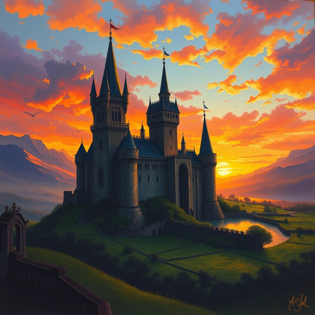 A stunning book cover design featuring a breathtaking medieval castle silhouetted against a vibrant sunset