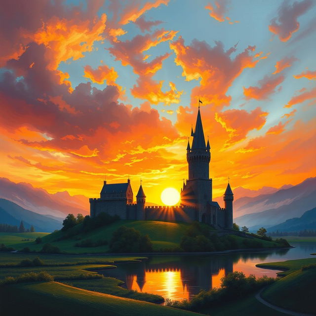 A stunning book cover design featuring a breathtaking medieval castle silhouetted against a vibrant sunset