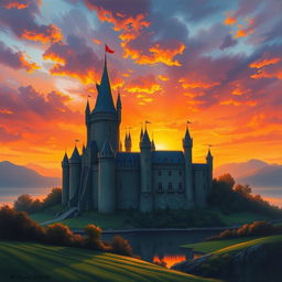 A stunning book cover design featuring a breathtaking medieval castle silhouetted against a vibrant sunset