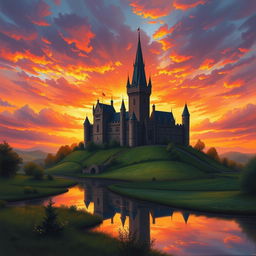 A stunning book cover design featuring a breathtaking medieval castle silhouetted against a vibrant sunset