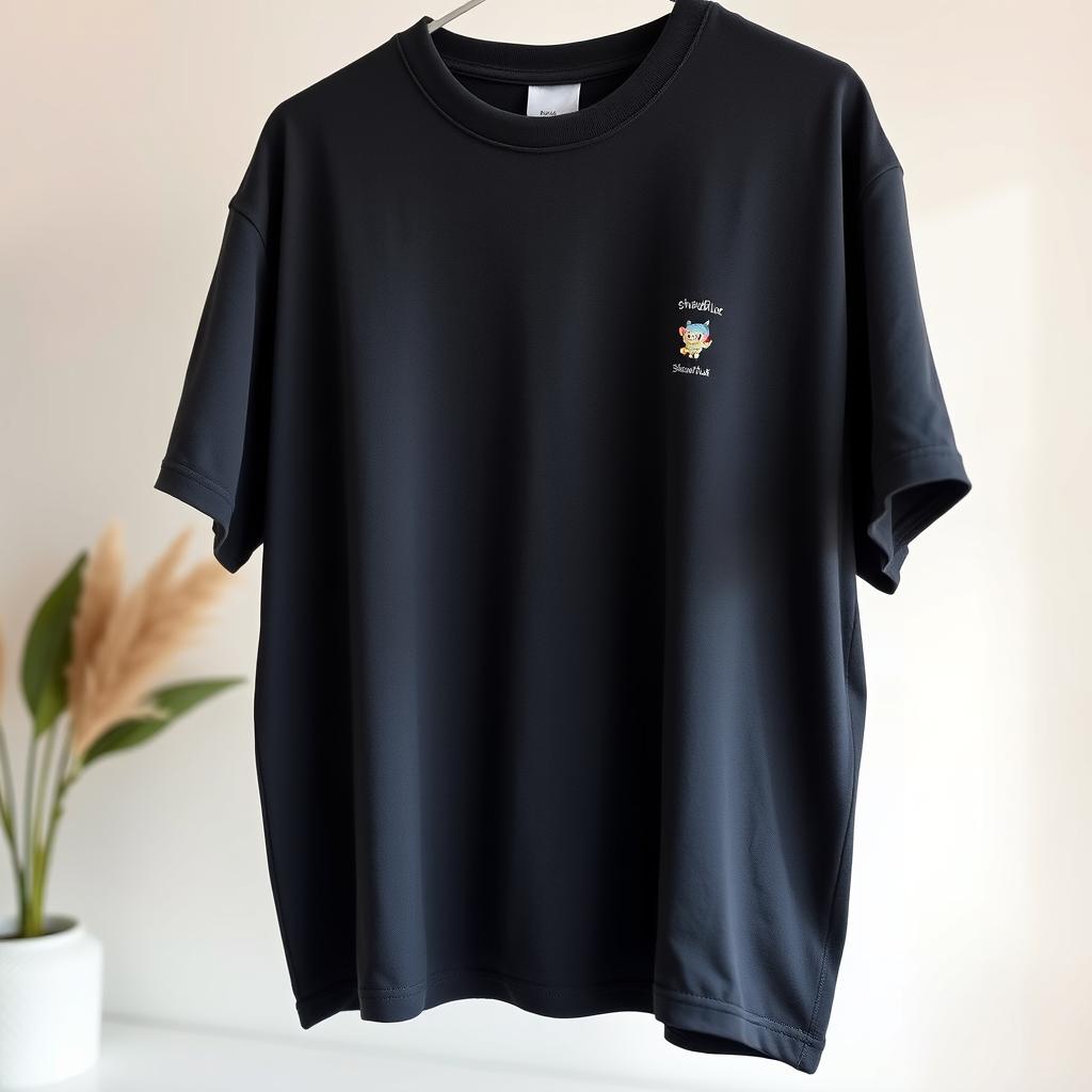 An oversized dark-colored t-shirt featuring a small graphic design of a cute animated shadow character on the left chest area