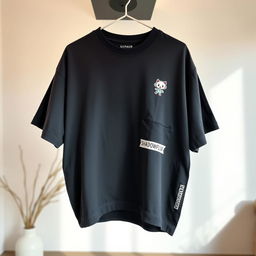 An oversized dark-colored t-shirt featuring a small graphic design of a cute animated shadow character on the left chest area