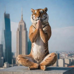 An aged, wise tiger performing yoga at the top of a skyscraper against the backdrop of the Russian government building