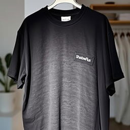 An oversized dark-colored t-shirt featuring a small graphic design of a cute animated shadow character on the left chest area