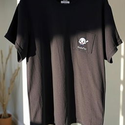 An oversized dark-colored t-shirt featuring a small graphic design of a cute animated shadow character on the left chest area