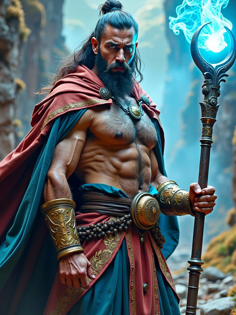 A high fantasy rugged wizard hero, portrayed as a muscular and remarkably handsome character with an intense gaze