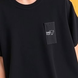 An oversized dark t-shirt featuring a small, cute animated shadow design on the chest area