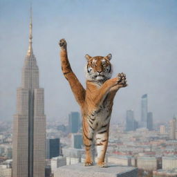 An aged, wise tiger performing yoga at the top of a skyscraper against the backdrop of the Russian government building