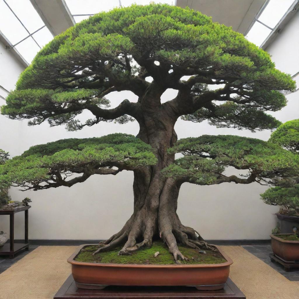 An image of the world's tallest bonsai tree. Towering by bonsai standards, yet maintaining the precise miniaturization that defines the art form. Its tall trunk, dense canopy of leaves, and detailed branches captivate the eye.