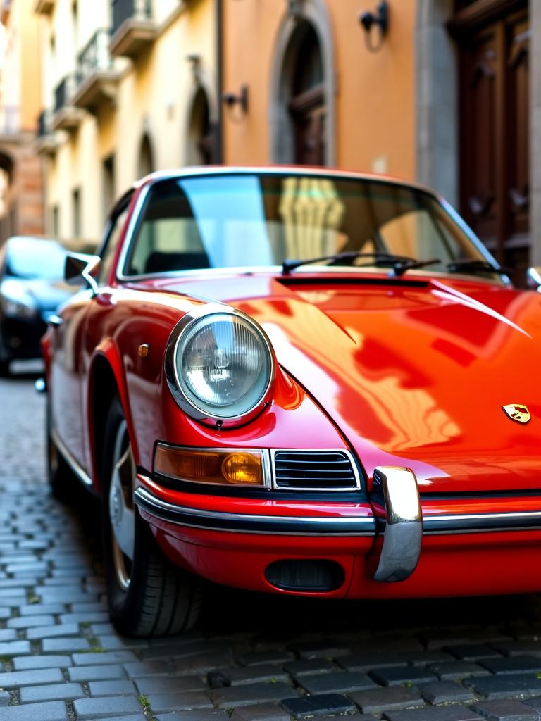 A vintage red Porsche 911 parked on a cobblestone street, capturing the essence of classic automotive design