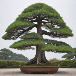 An image of the world's tallest bonsai tree. Towering by bonsai standards, yet maintaining the precise miniaturization that defines the art form. Its tall trunk, dense canopy of leaves, and detailed branches captivate the eye.