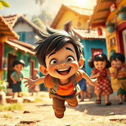 A lively scene in a small, colorful village where a mischievous boy named Chiku is energetically running around