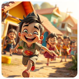 A lively scene in a small, colorful village where a mischievous boy named Chiku is energetically running around