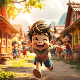 A lively scene in a small, colorful village where a mischievous boy named Chiku is energetically running around