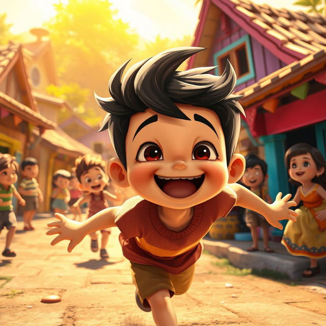A lively scene in a small, colorful village where a mischievous boy named Chiku is energetically running around