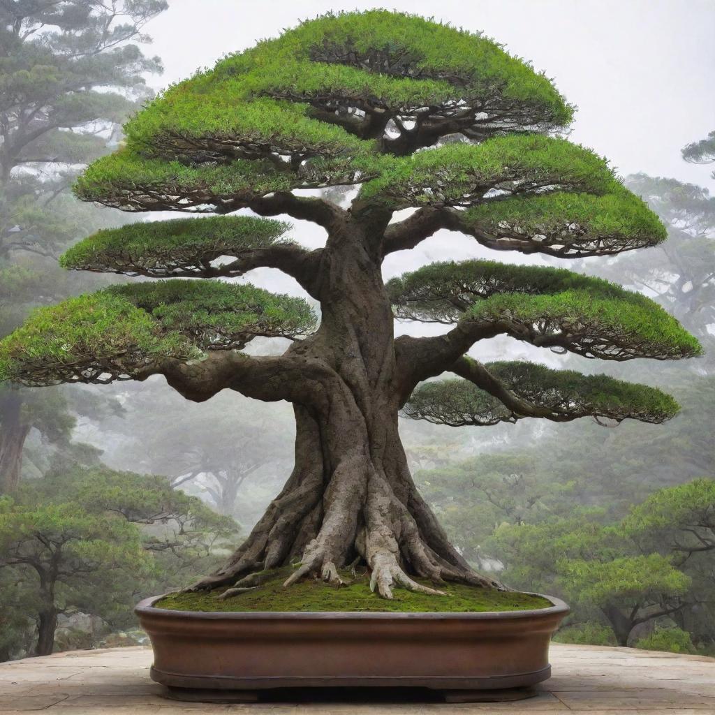 An image of the world's tallest bonsai tree. Towering by bonsai standards, yet maintaining the precise miniaturization that defines the art form. Its tall trunk, dense canopy of leaves, and detailed branches captivate the eye.