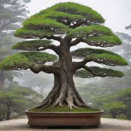 An image of the world's tallest bonsai tree. Towering by bonsai standards, yet maintaining the precise miniaturization that defines the art form. Its tall trunk, dense canopy of leaves, and detailed branches captivate the eye.