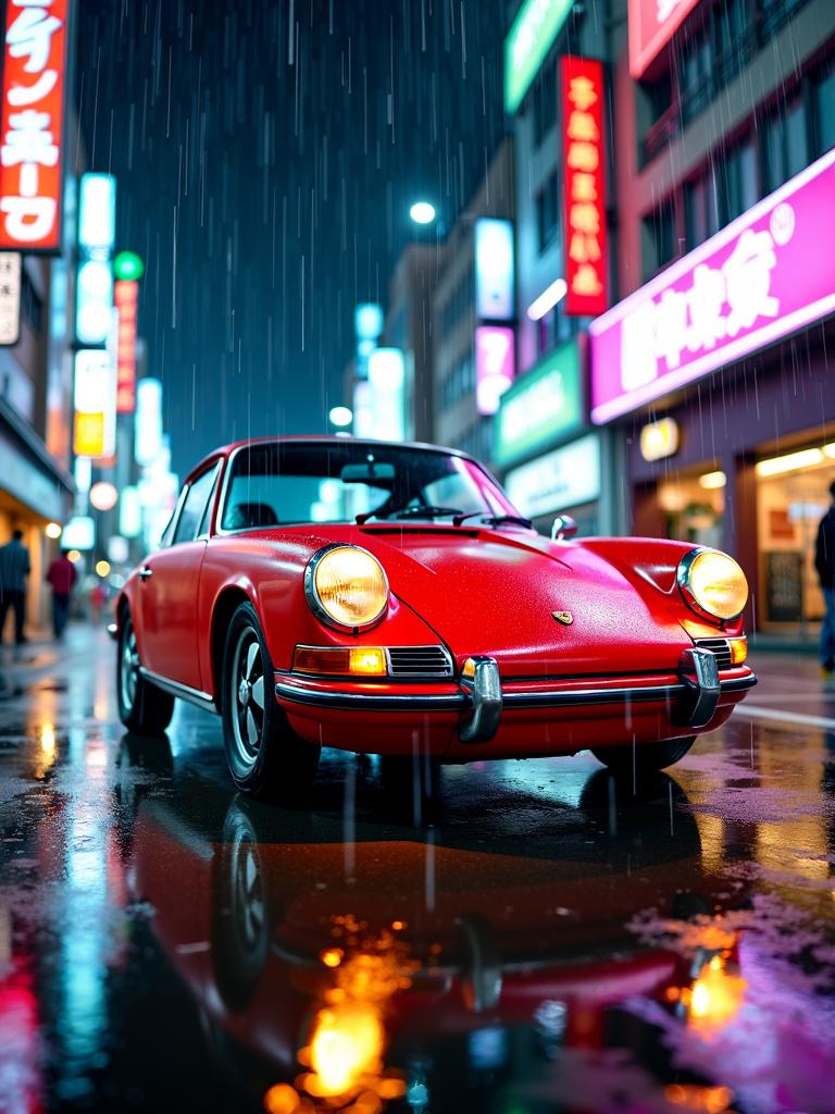 A striking vintage red Porsche 911 captured in a medium shot against a vibrant neon Tokyo backdrop