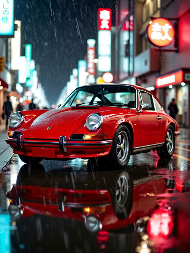 A stunning vintage red Porsche 911, expertly showcased in a medium shot with a Tokyo backdrop drenched in pouring rain