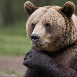 A bear curiously examining its wristwatch.