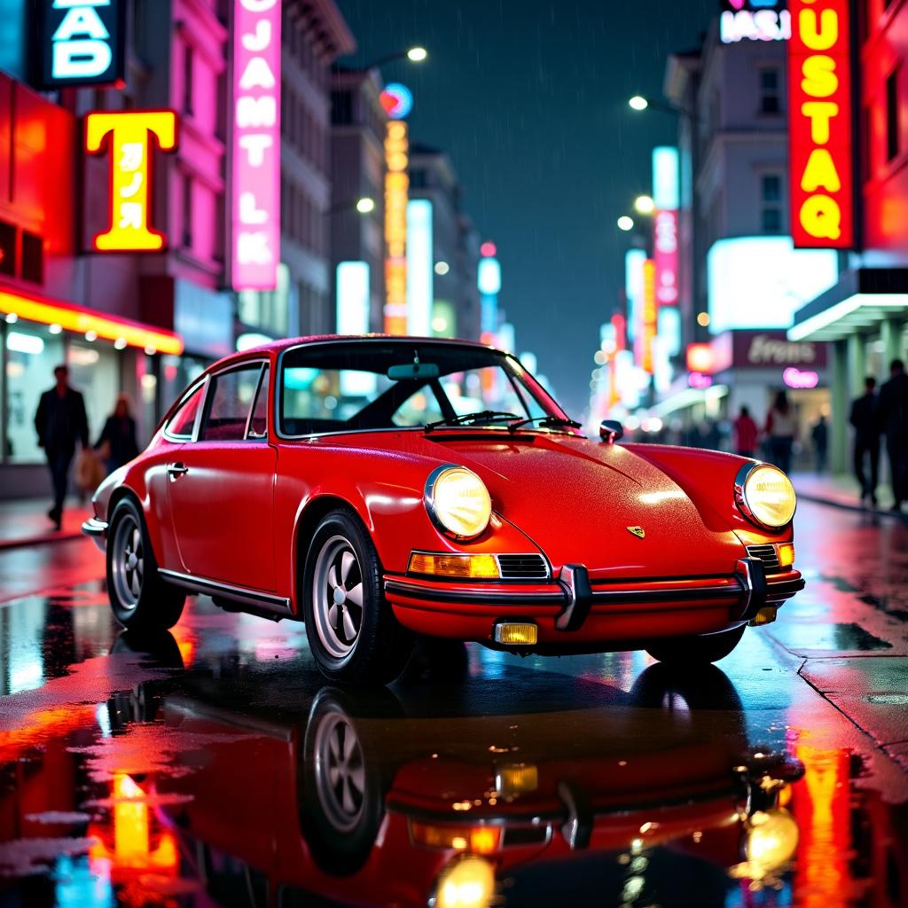 A stunning red vintage Porsche 911 parked in a vibrant neon-lit city