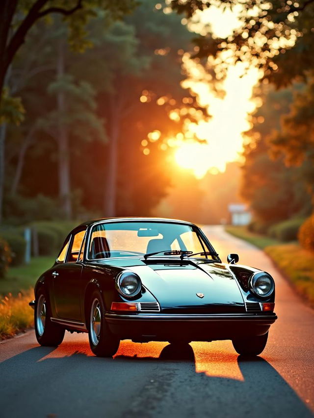 A vintage Porsche 911 parked on a scenic road, surrounded by lush trees and a beautiful sunset in the background