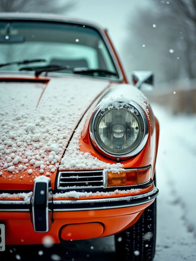 A close-up shot of a vintage Porsche 911 during a snowfall, showcasing the intricate details of the car's design