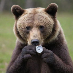 A bear curiously examining its wristwatch.