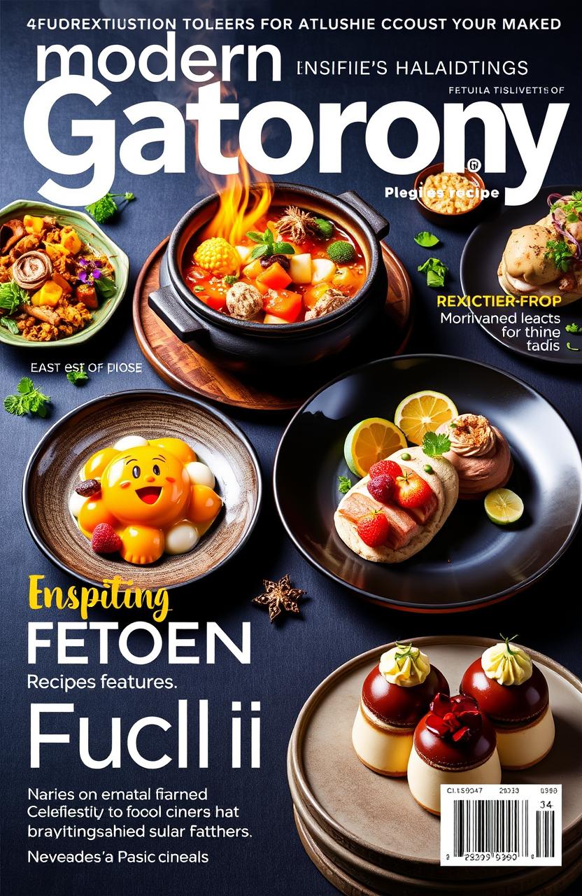 A vibrant and enticing magazine cover inspired by modern gastronomy, featuring a variety of beautifully plated dishes that blend elements from popular video games and movies