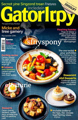 A vibrant and enticing magazine cover inspired by modern gastronomy, featuring a variety of beautifully plated dishes that blend elements from popular video games and movies