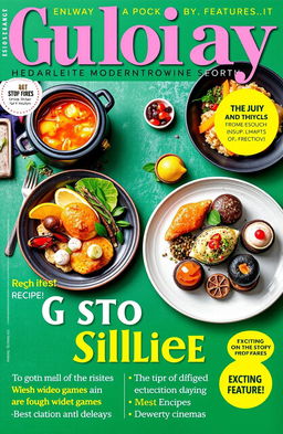 A vibrant and enticing magazine cover inspired by modern gastronomy, featuring a variety of beautifully plated dishes that blend elements from popular video games and movies