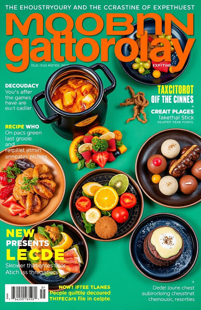 A vibrant and enticing magazine cover inspired by modern gastronomy, featuring a variety of beautifully plated dishes that blend elements from popular video games and movies