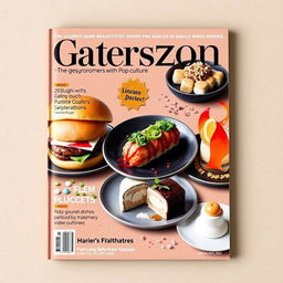 A sleek, modern magazine cover that beautifully intertwines gastronomy with pop culture, featuring gourmet dishes inspired by popular video games and films