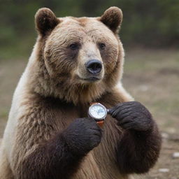 A bear curiously examining its wristwatch.