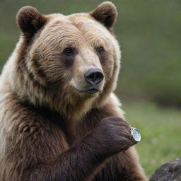 A bear curiously examining its wristwatch.