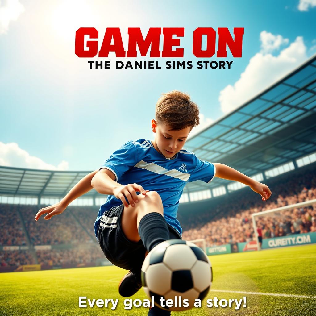 A dynamic and energetic movie poster featuring a young soccer player named Daniel Sims