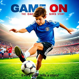 A dynamic and energetic movie poster featuring a young soccer player named Daniel Sims