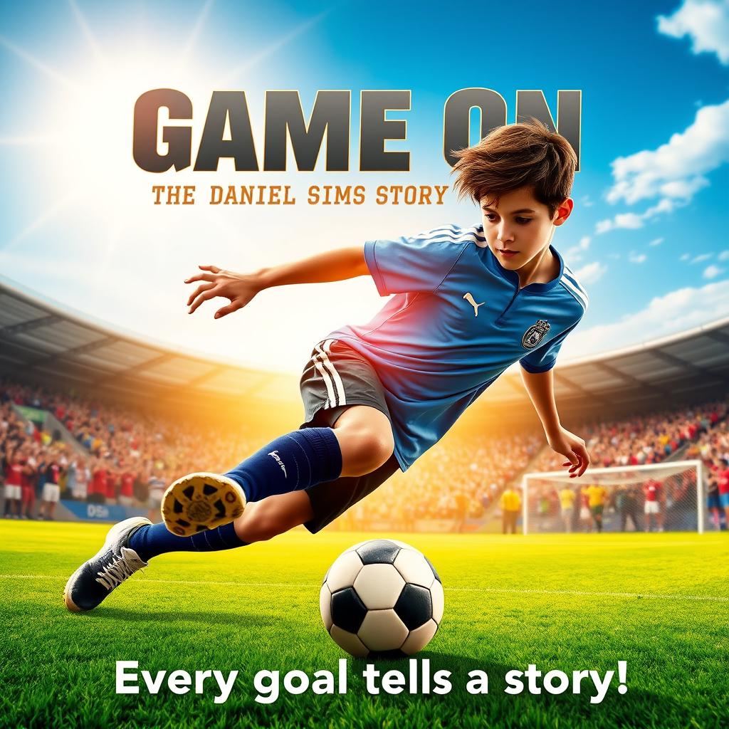 A dynamic and energetic movie poster featuring a young soccer player named Daniel Sims