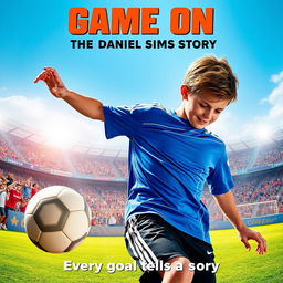 A dynamic and energetic movie poster featuring a young soccer player named Daniel Sims