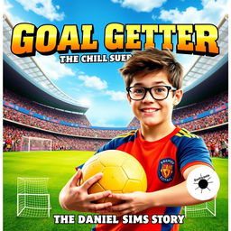 A dynamic movie poster featuring a teenage boy named Daniel Sims, an enthusiastic soccer player