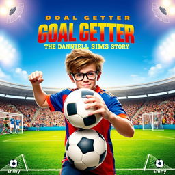 A dynamic movie poster featuring a teenage boy named Daniel Sims, an enthusiastic soccer player